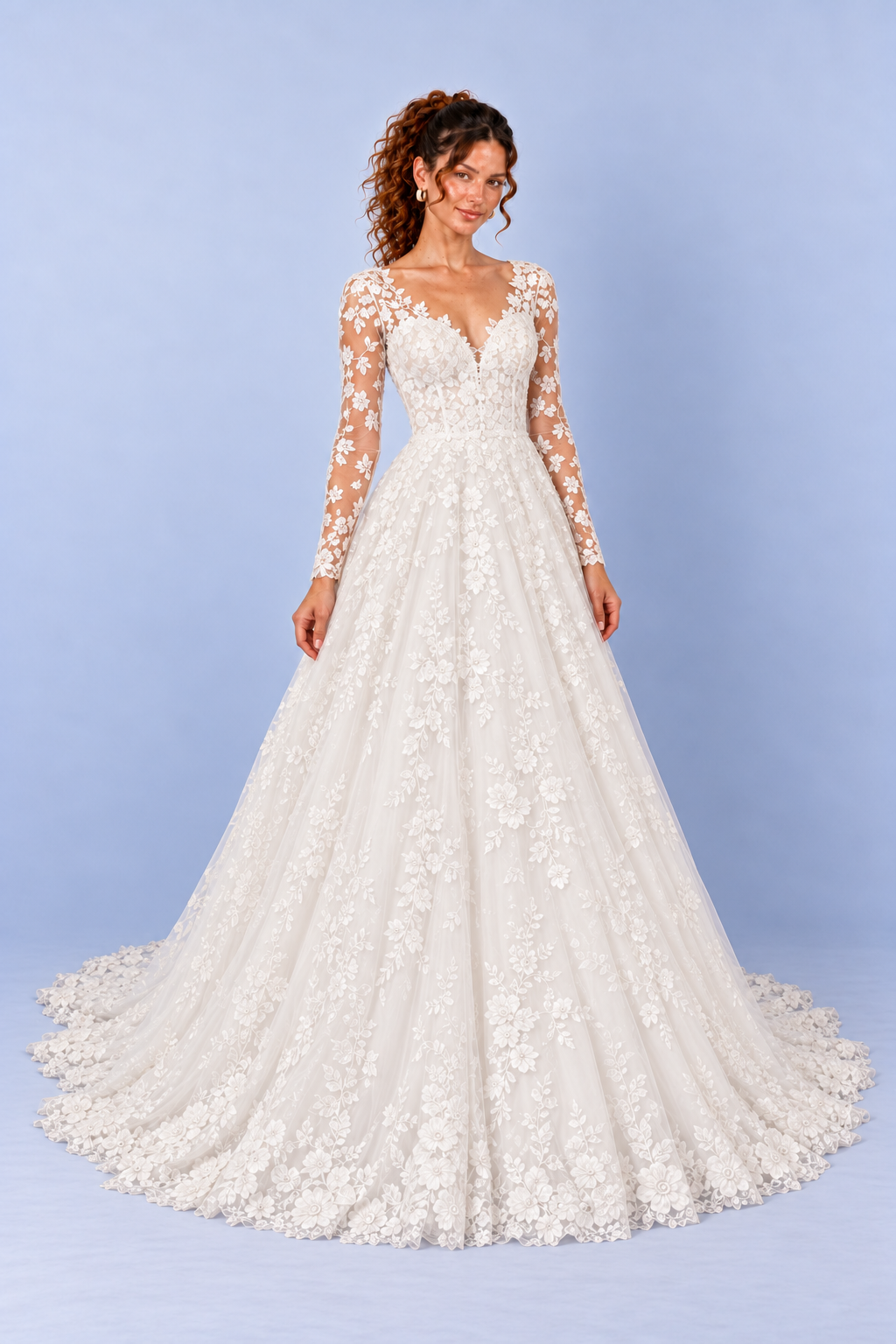 White Floral Lace V Neck Long Sleeve A Line Wedding Dress with Train