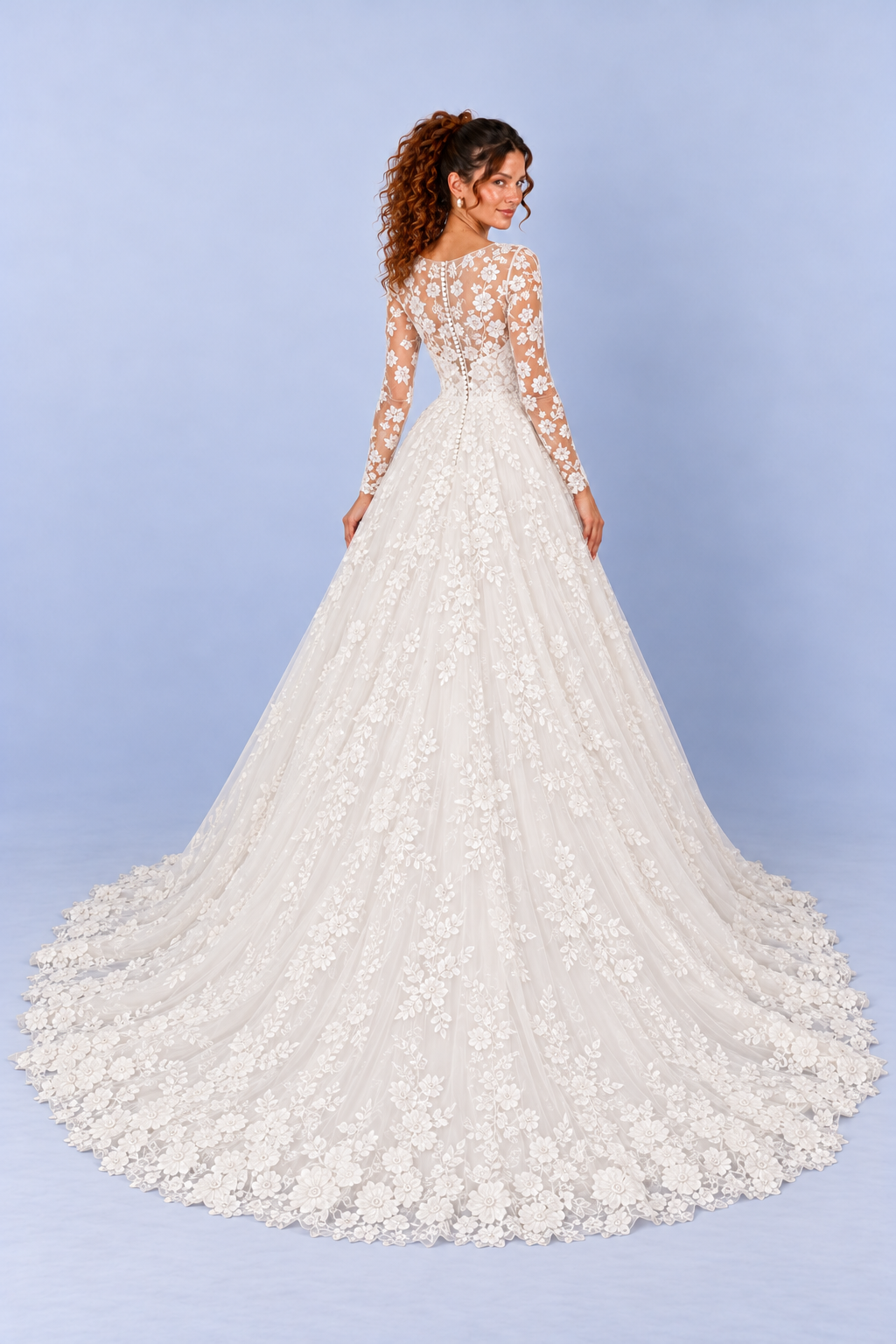 White Floral Lace V Neck Long Sleeve A Line Wedding Dress with Train