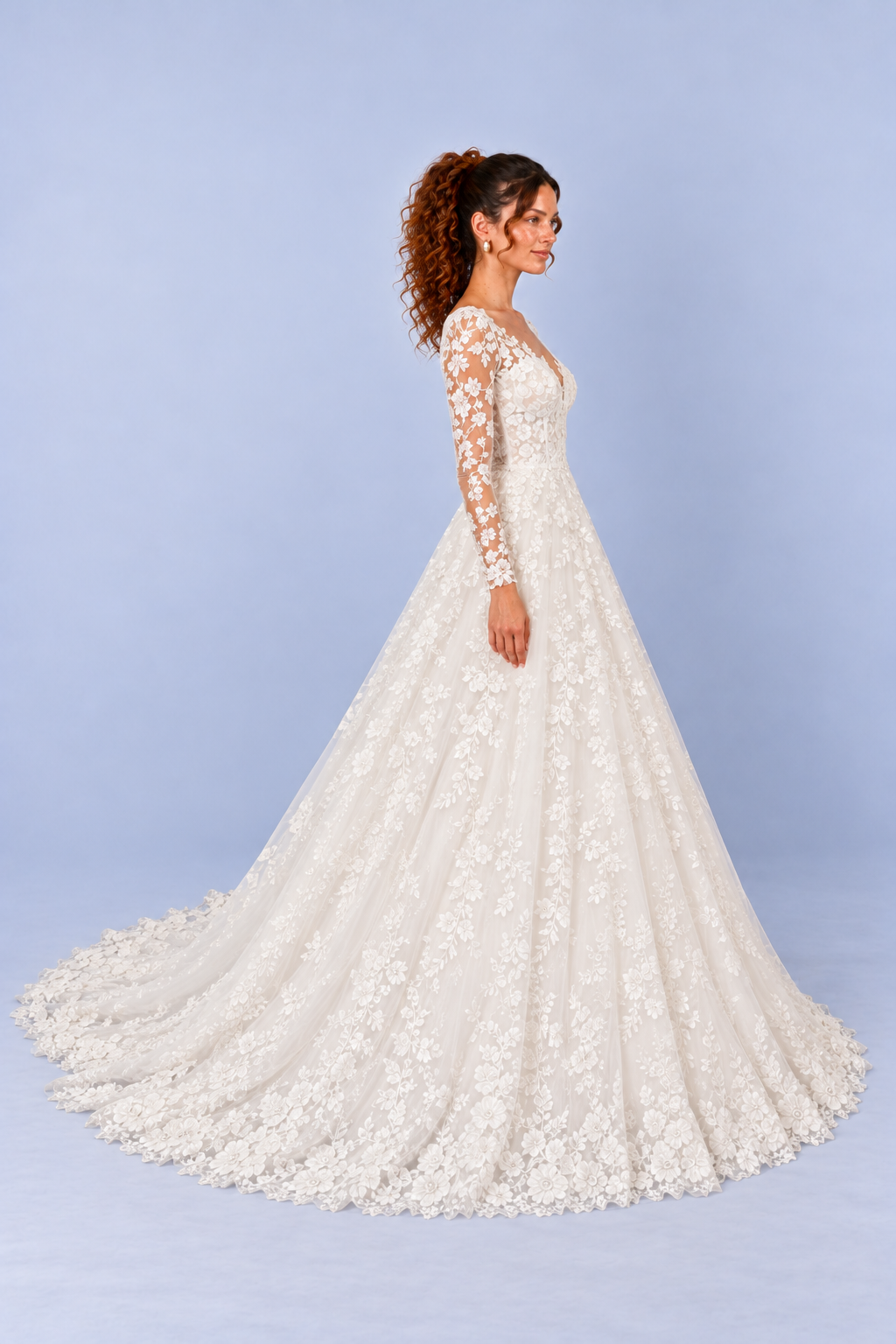 White Floral Lace V Neck Long Sleeve A Line Wedding Dress with Train