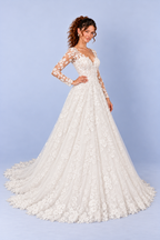 White Floral Lace V Neck Long Sleeve A Line Wedding Dress with Train