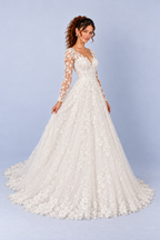 White Floral Lace V Neck Long Sleeve A Line Wedding Dress with Train