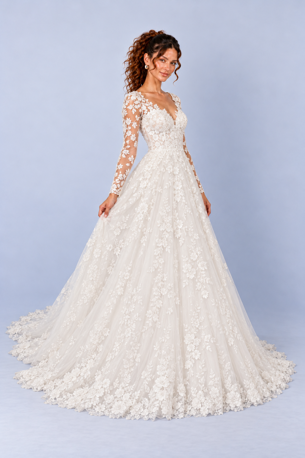 White Floral Lace V Neck Long Sleeve A Line Wedding Dress with Train