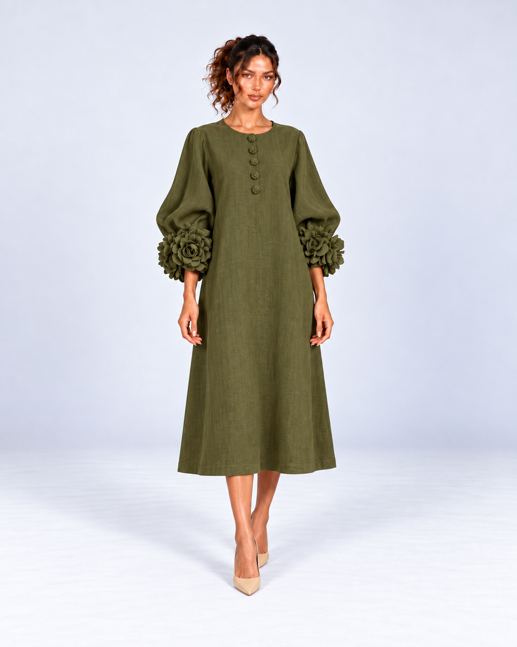 Round-Neck Puff Sleeve A-Line Midi Dress