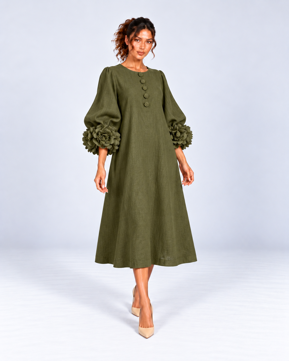 Round-Neck Puff Sleeve A-Line Midi Dress