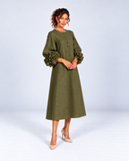Round-Neck Puff Sleeve A-Line Midi Dress
