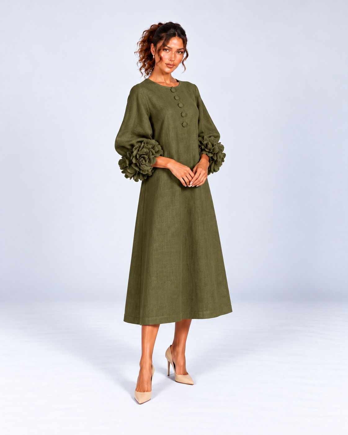 Round-Neck Puff Sleeve A-Line Midi Dress