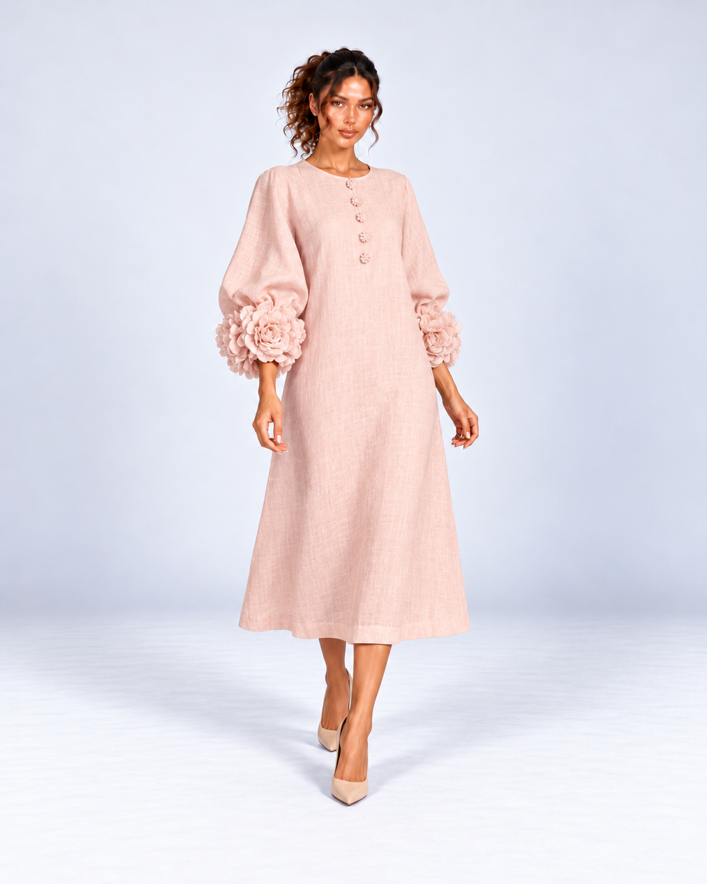 Round-Neck Puff Sleeve A-Line Midi Dress