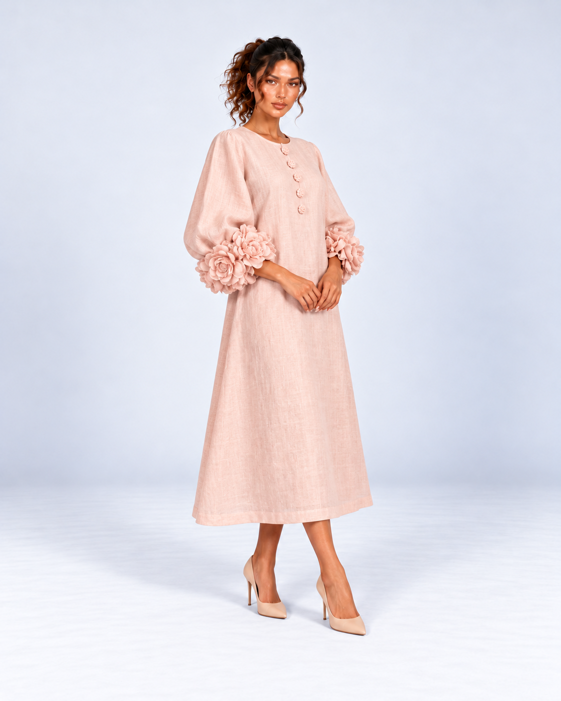 Round-Neck Puff Sleeve A-Line Midi Dress