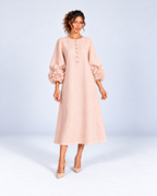 Round-Neck Puff Sleeve A-Line Midi Dress