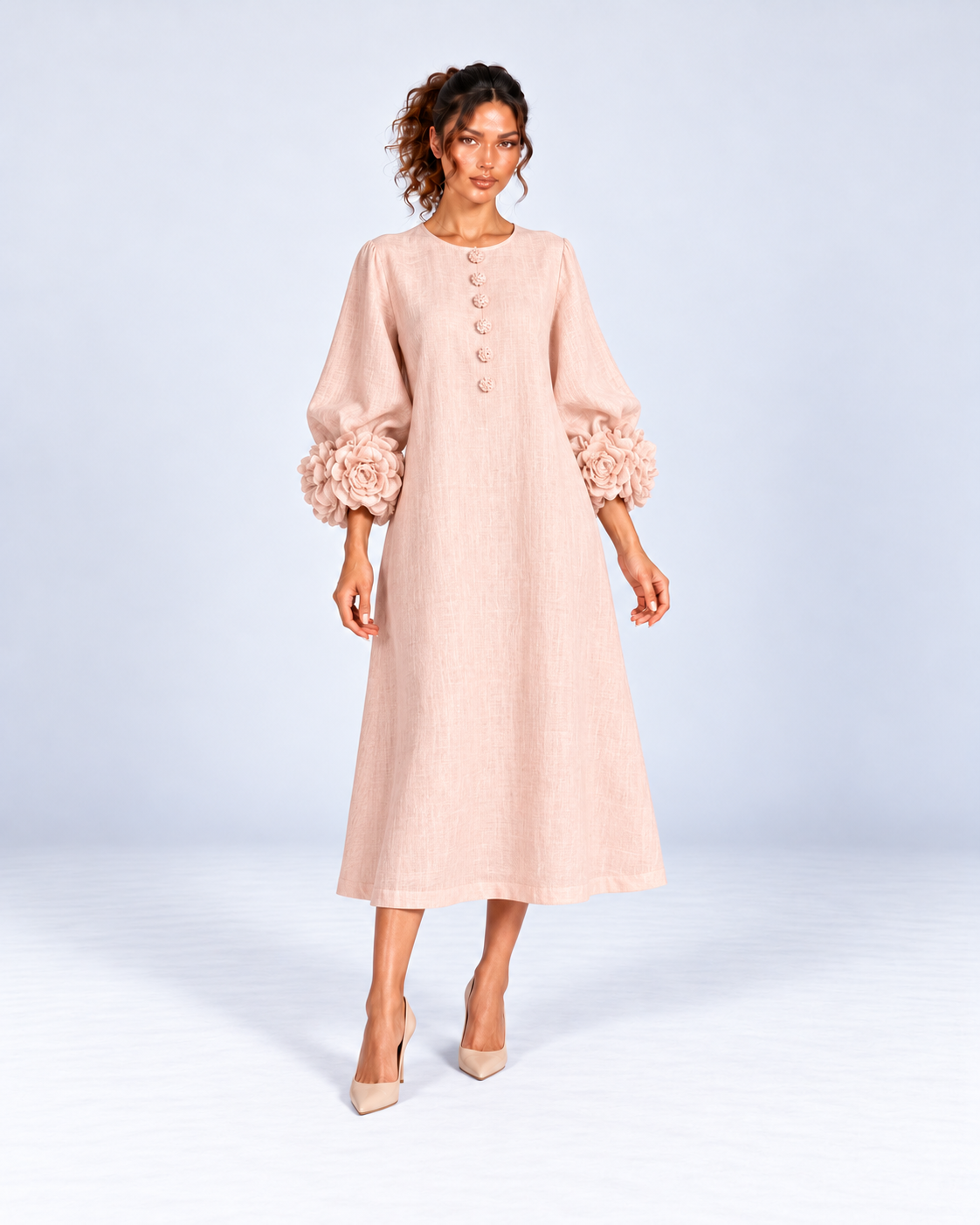 Round-Neck Puff Sleeve A-Line Midi Dress