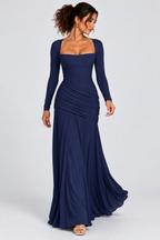 Navy Blue Draped Long Sleeve Maxi Dress