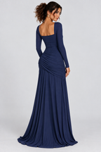 Navy Blue Draped Long Sleeve Maxi Dress