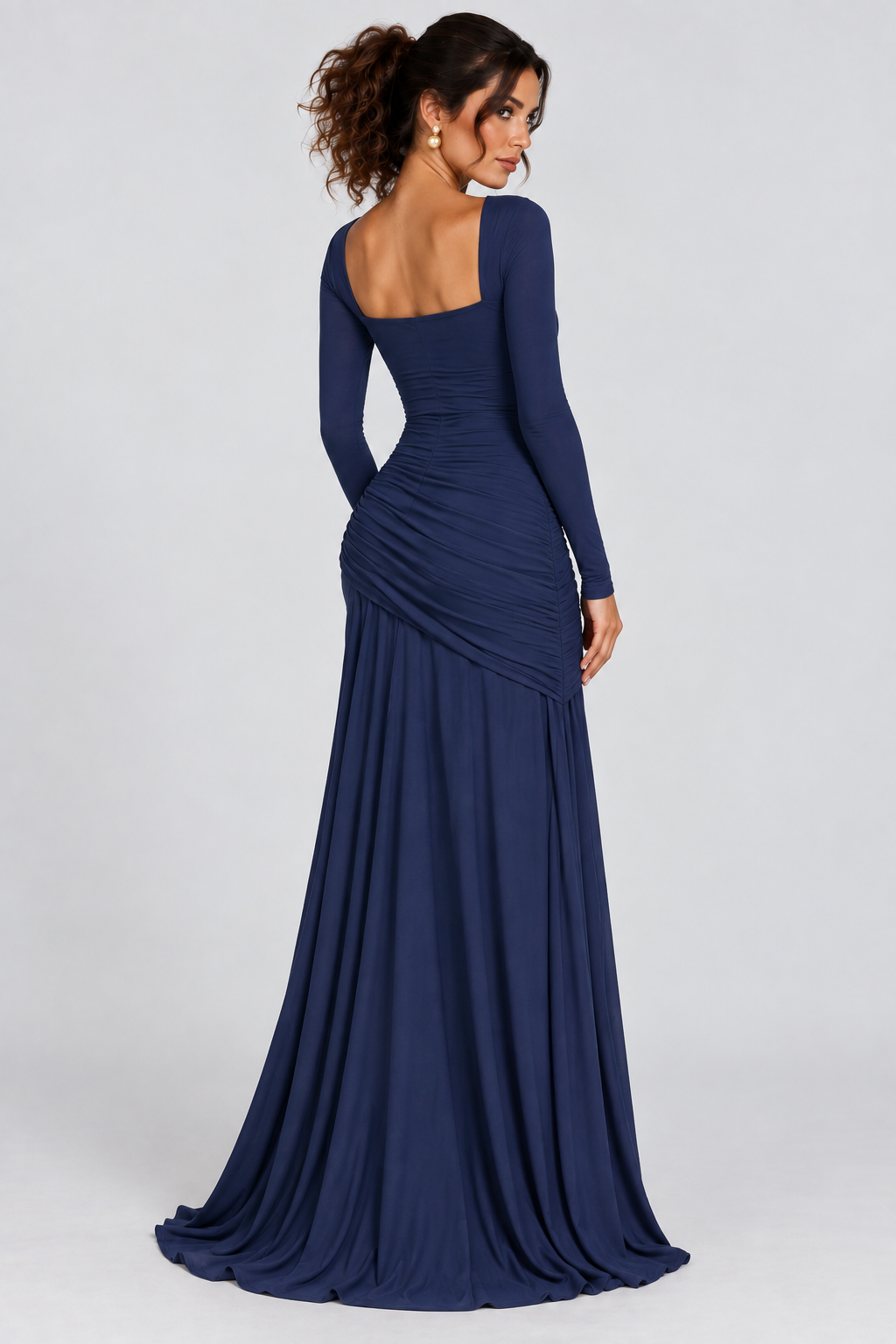 Navy Blue Draped Long Sleeve Maxi Dress