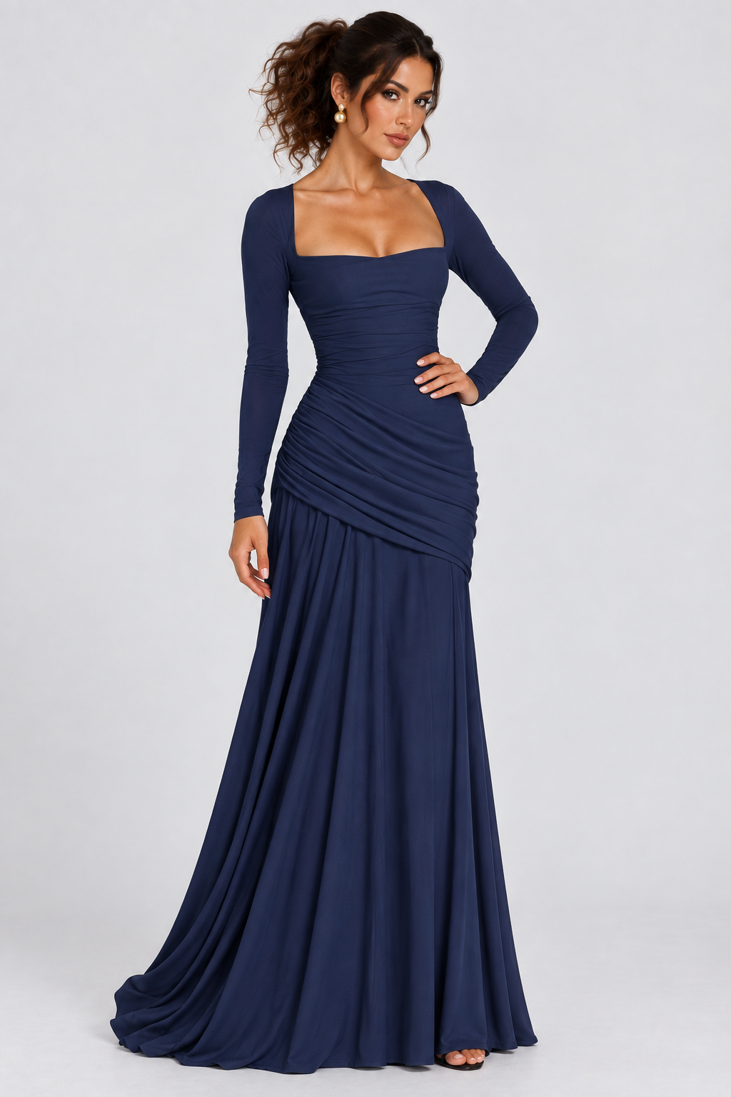 Navy Blue Draped Long Sleeve Maxi Dress