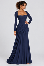 Navy Blue Draped Long Sleeve Maxi Dress