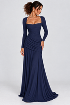 Navy Blue Draped Long Sleeve Maxi Dress