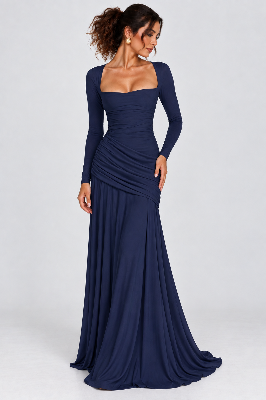 Navy Blue Draped Long Sleeve Maxi Dress