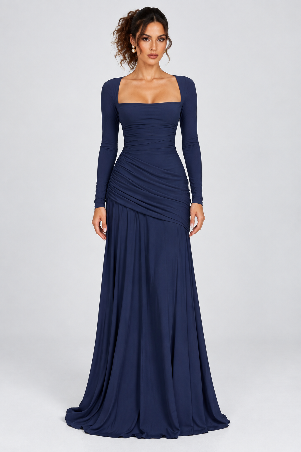 Navy Blue Draped Long Sleeve Maxi Dress