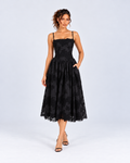 Black Floral Lace A-Line Midi Dress with Pockets