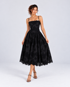 Black Floral Lace A-Line Midi Dress with Pockets