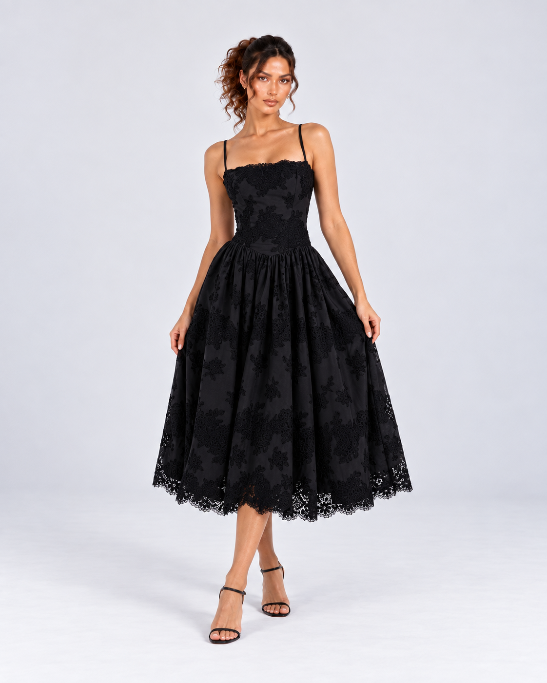 Black Floral Lace A-Line Midi Dress with Pockets