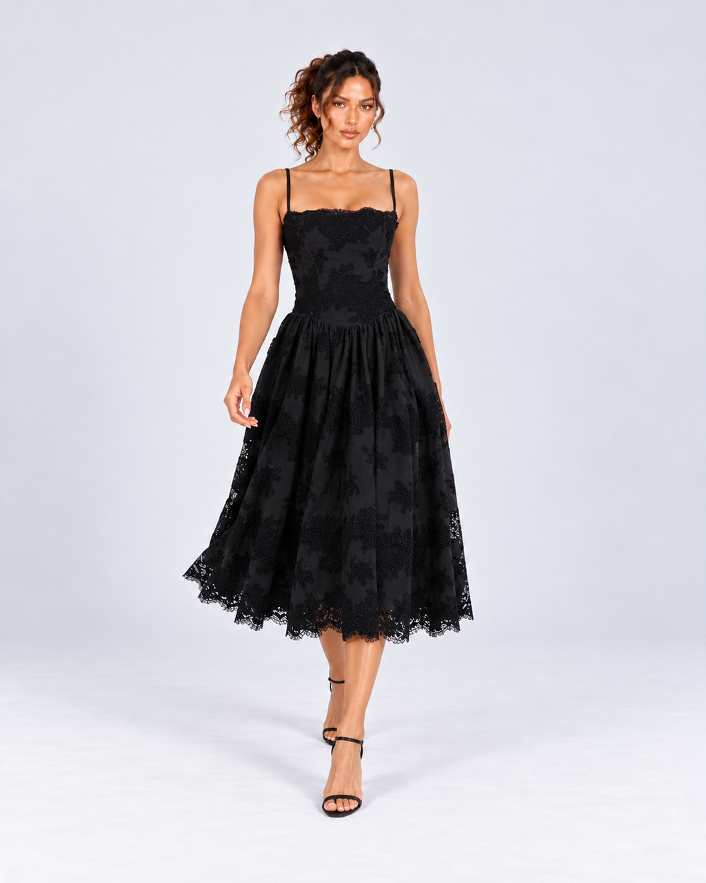 Black Floral Lace A-Line Midi Dress with Pockets