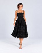 Black Floral Lace A-Line Midi Dress with Pockets