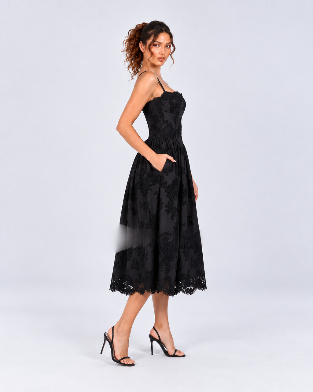 Black Floral Lace A-Line Midi Dress with Pockets