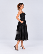 Black Floral Lace A-Line Midi Dress with Pockets