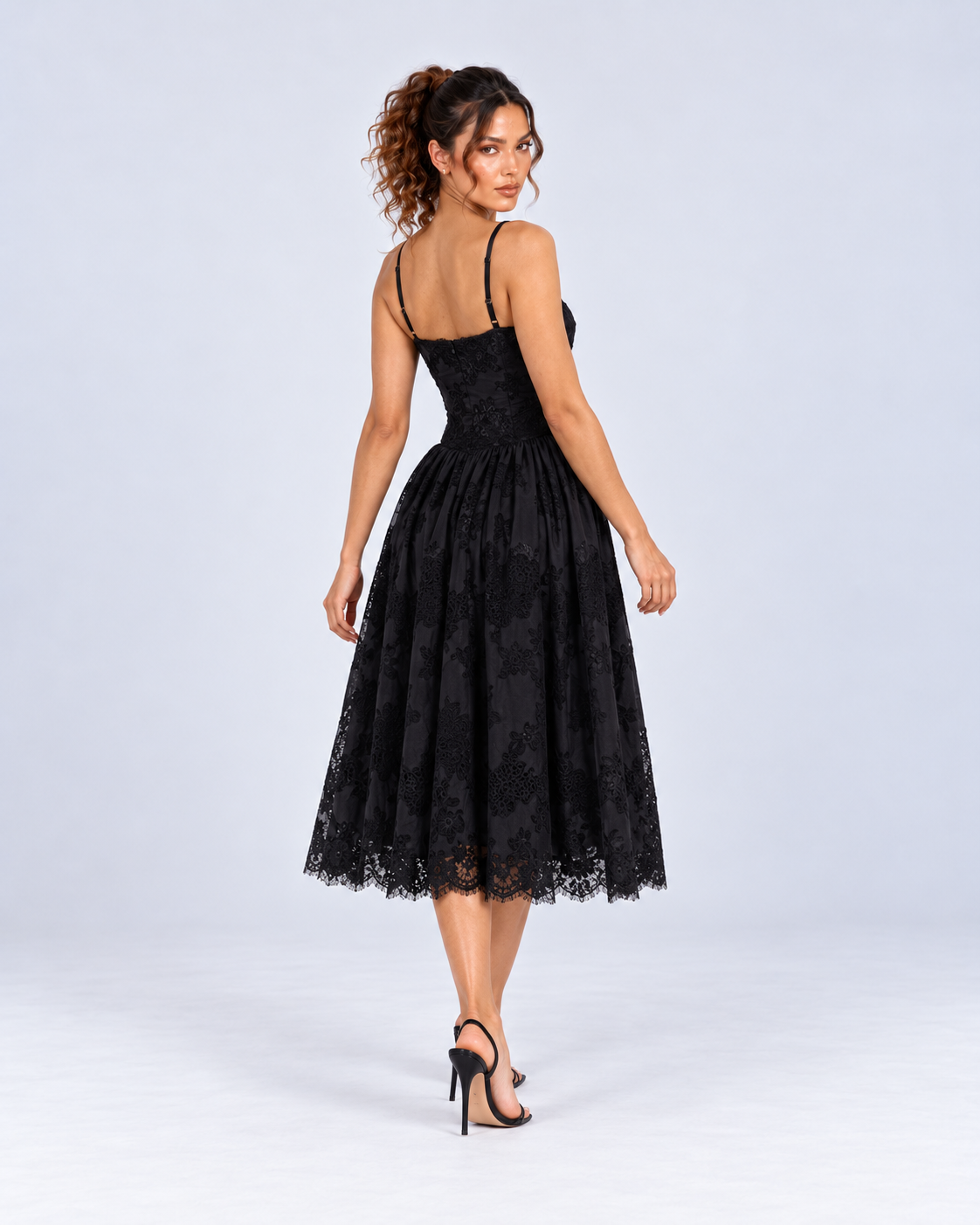 Black Floral Lace A-Line Midi Dress with Pockets
