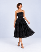 Black Floral Lace A-Line Midi Dress with Pockets