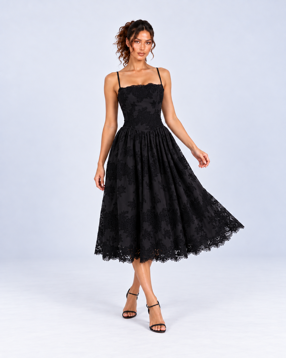Black Floral Lace A-Line Midi Dress with Pockets